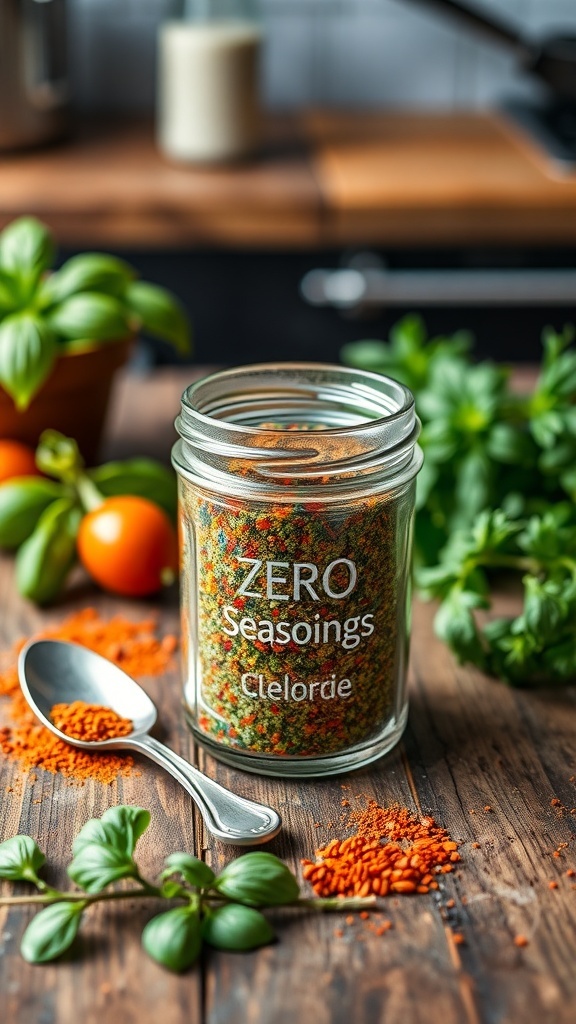 A jar of zero calorie seasoning blend with herbs and spices on a wooden table.